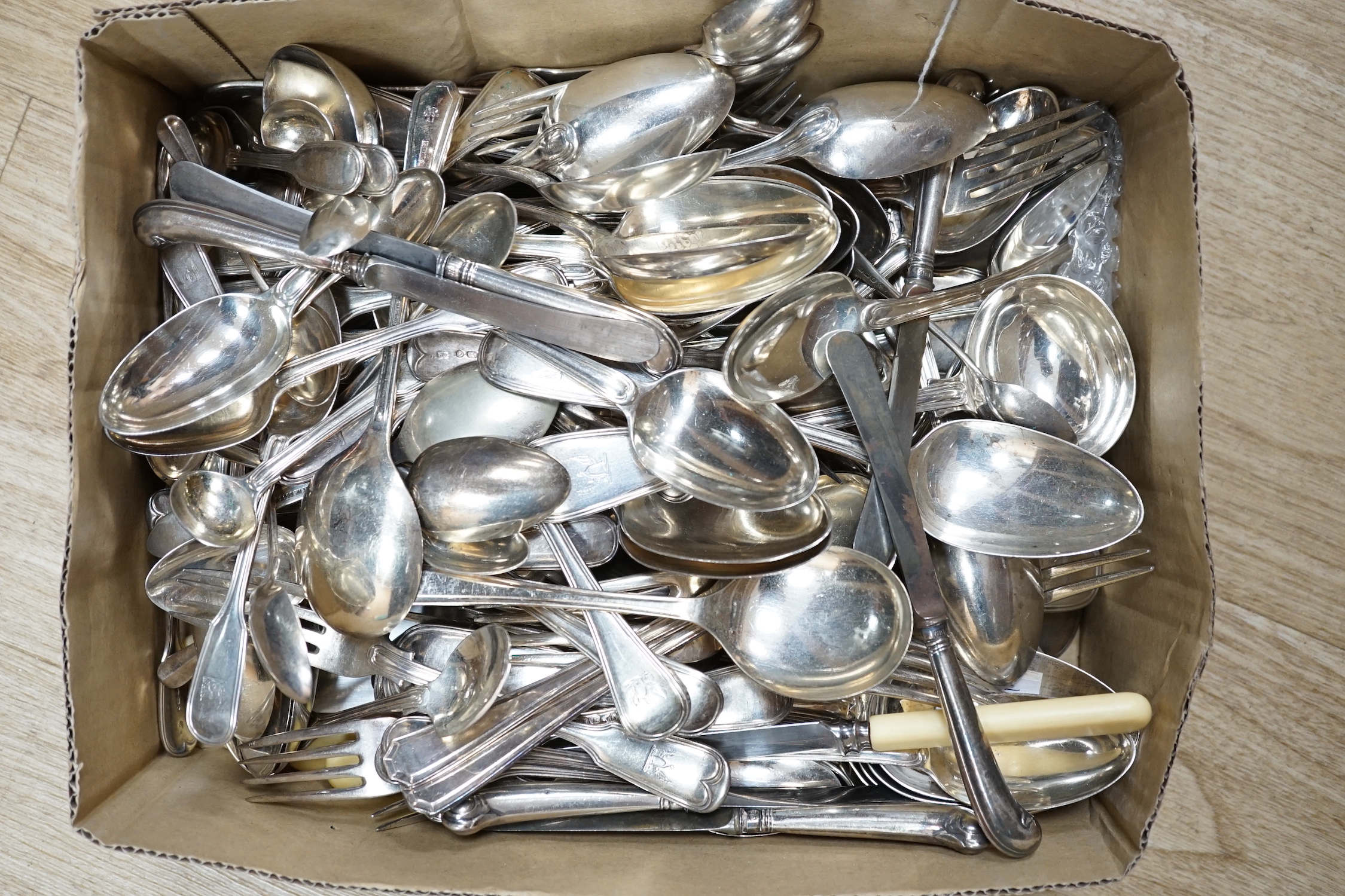 A quantity of mainly 19th century silver fiddle and thread pattern flatware, various dates and makers including thirteen table forks by William Eaton, London, 1844, ten table forks, Hayne & Cater, London, 1844, together
